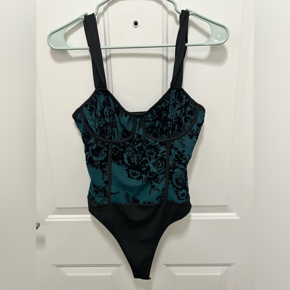 Lulus Exceptionally Dramatic Teal Burnout Floral Bustier Bodysuit, Size Small - Picture 6 of 7